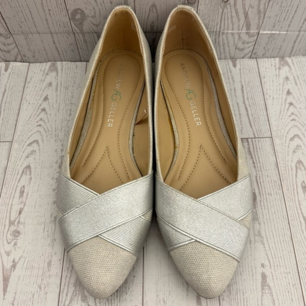 Andrew Geller Rue Flats Size 8.5 Metallic Pointed Toe Crisscross Comfort Flats